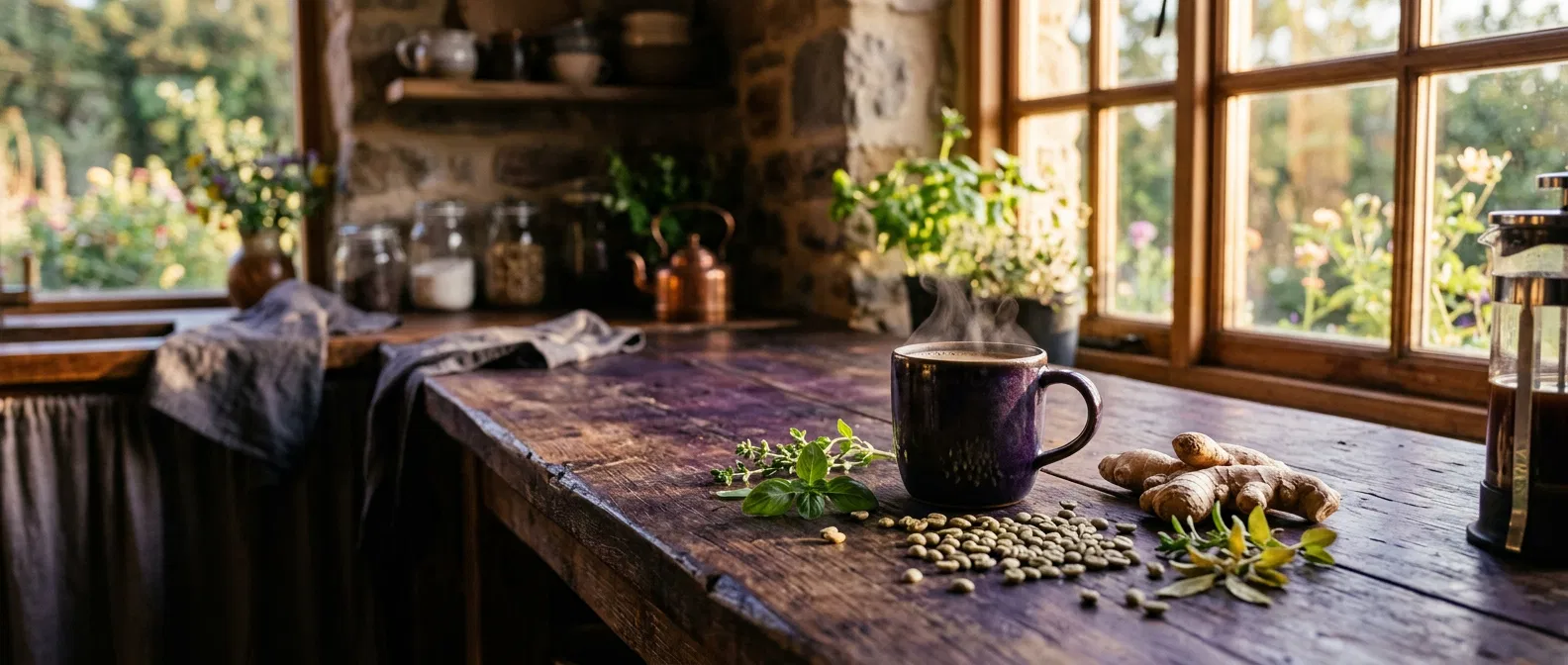 Morning light streaming through a kitchen window with a steaming coffee cup and green botanical ingredients