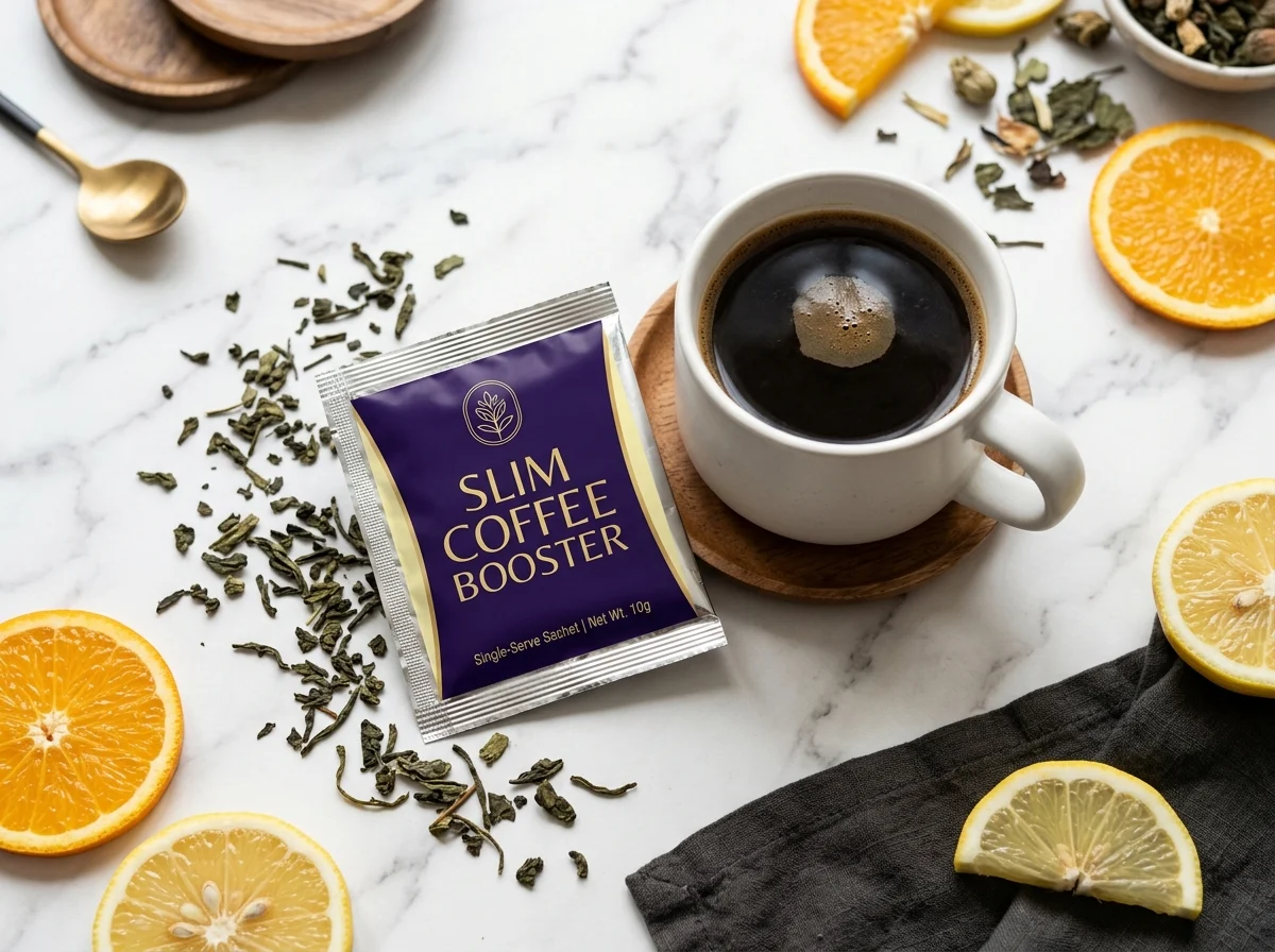 Overhead flat lay of a single-serve Slim Coffee Booster sachet beside a white ceramic mug of coffee with green tea leaves and citrus slices