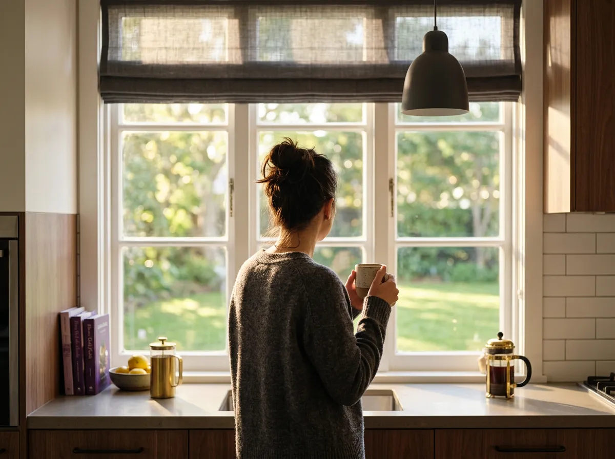 Anonymous person standing at a bright kitchen bench holding a coffee mug, looking out a sunlit window