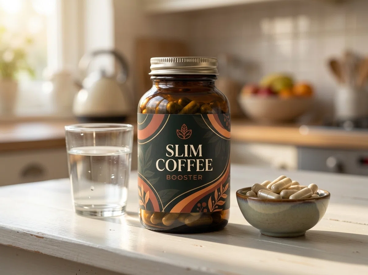 Slim Coffee Booster product box on dark wooden surface beside an open single-serve sachet, green tea sprig and dried fruit